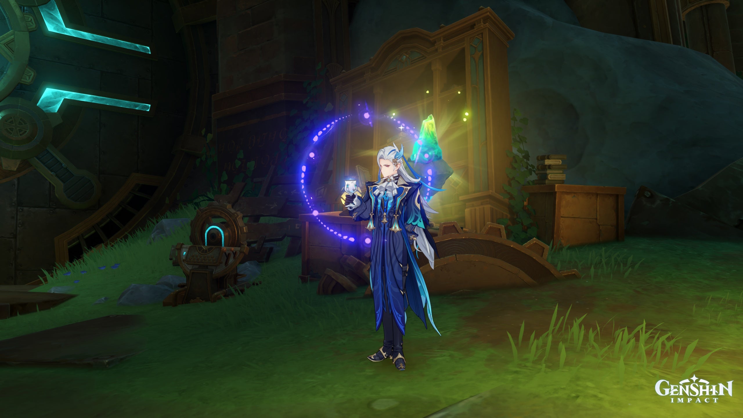 Genshin Impact road to the singularity: A tall anime man with long silver hair is standing in front of a large golden metal pipe with a goblet of water in his hands