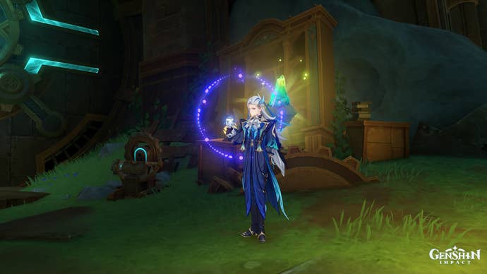 Genshin Impact road to the singularity: A tall anime man with long silver hair is standing in front of a large golden metal pipe with a goblet of water in his hands