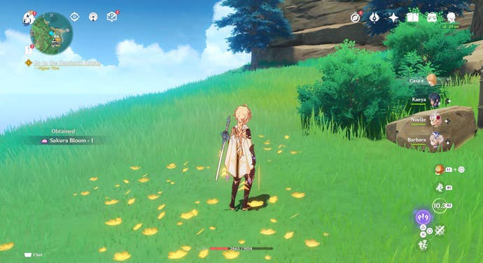 The character Traveler in Genshin Impact collecting Sakura Blooms