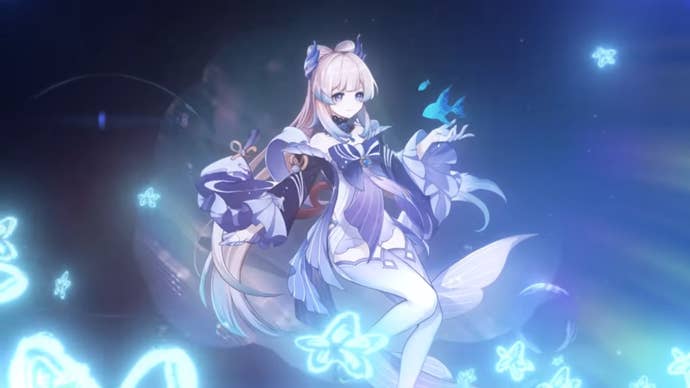 Sangonomiya Kokomi floats underwater, surrounded by jellyfish and other aquatic creatures.