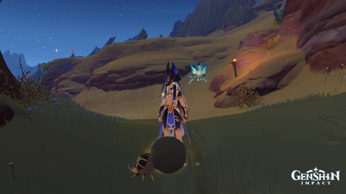 Genshin Impact Scarab locations: An anime man in a wolf hat looks at a scarab beetle