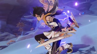 Genshin Impact's Sethos landing lightly in a crouched position after firing arrows in midair