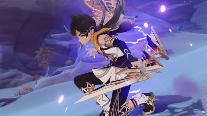 Genshin Impact’s Sethos landing lightly in a crouched position after firing arrows in midair