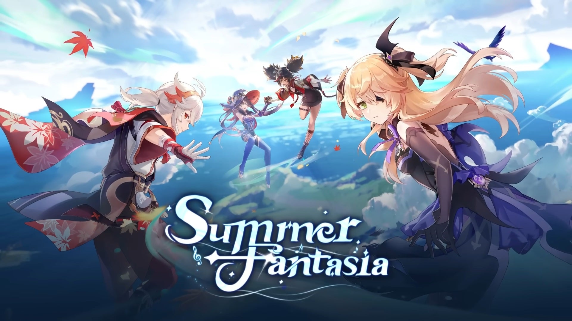 Kazuha, Mona, Xinyan, and Fischl fly towards the Golden Apple Archipelago in Genshin Impact. Text on screen reads &ldquo;Summer Fantasia&rdquo;, the subtitle given to Version 2.8.