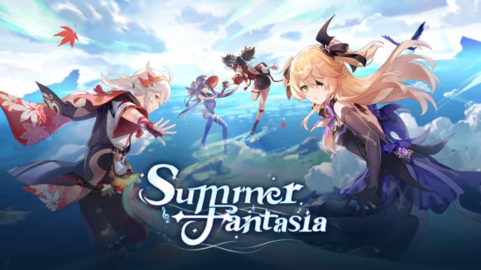 Kazuha, Mona, Xinyan, and Fischl fly towards the Golden Apple Archipelago in Genshin Impact. Text on screen reads “Summer Fantasia”, the subtitle given to Version 2.8.