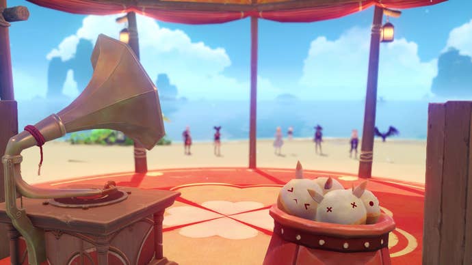 A cutscene still from Genshin Impact’s Summertime Odyssey event sets the scene. In the foreground, a gazebo containing a record player and a container of harpastums. In the background are Kazuha, Xinyan, Lumine, Paimon, Mona, Fischl, and Oz, all standing on a beach admiring the sea.