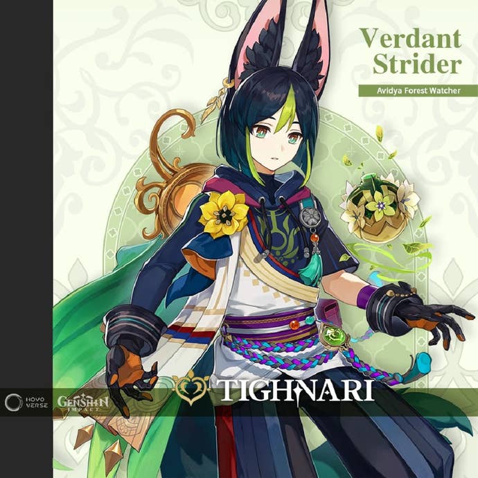 Tighnari’s full character intro card from Genshin Impact, including his title “Verdant Strider: Avidya Forest Watcher”.