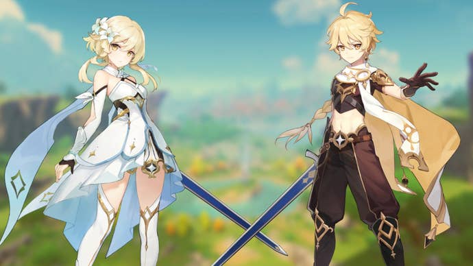 Both male and female versions of Genshin Impact’s starting Traveler character standing side-by-side.