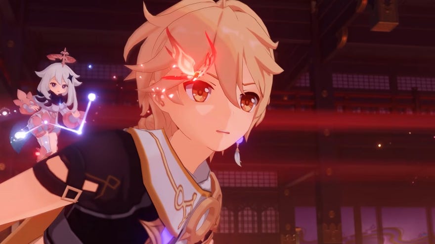 Genshin Impact main character Traveler looking worried with Paimon over their shoulder.