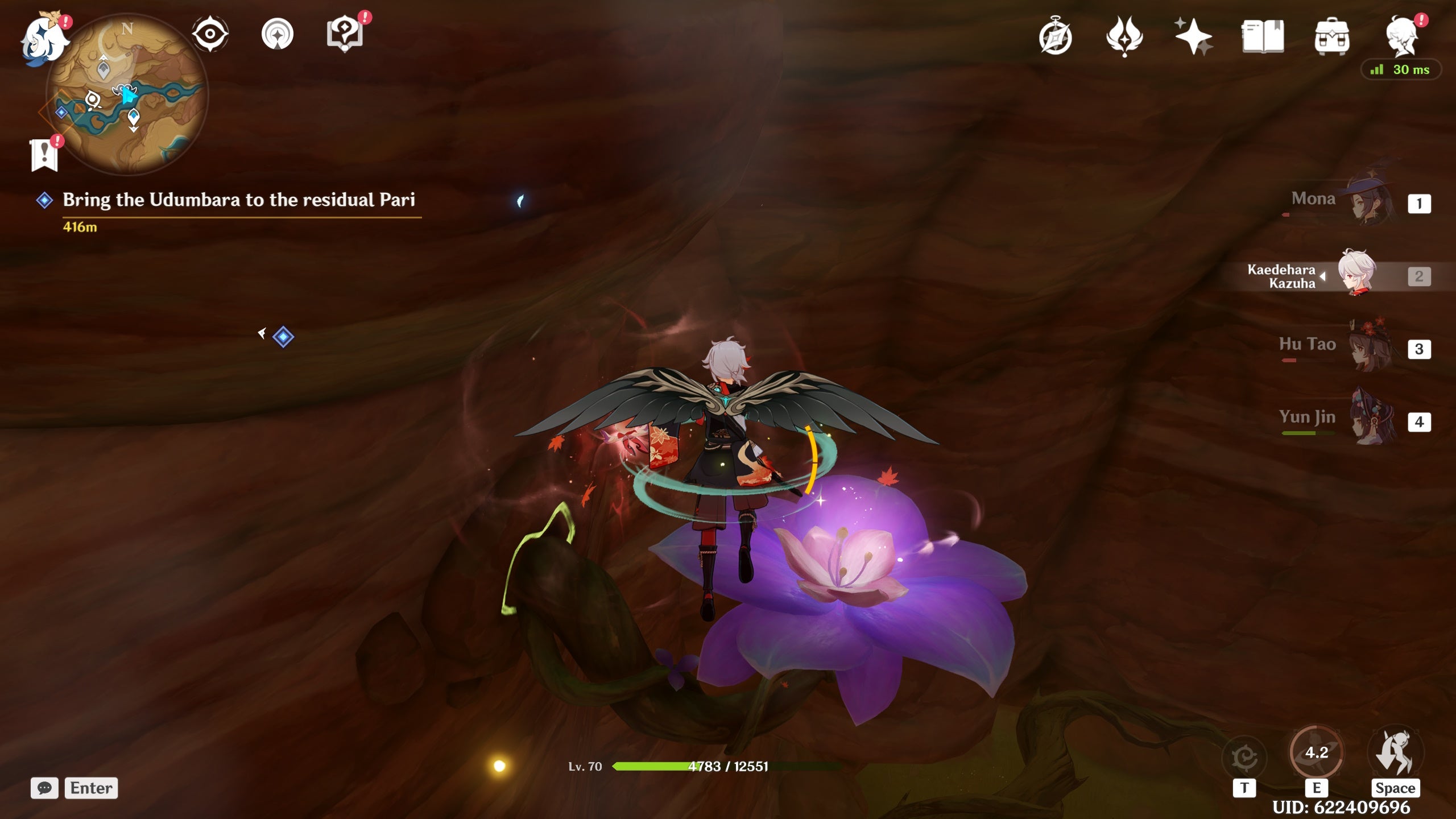 Genshin Impact Udumbara locations: An anime man with silver hair, wearing crimson and brown clothing, hovers on brown wings above a large, glowing purple flower