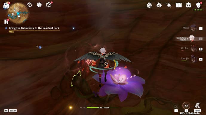 Genshin Impact Udumbara locations: An anime man with silver hair, wearing crimson and brown clothing, hovers on brown wings above a large, glowing purple flower