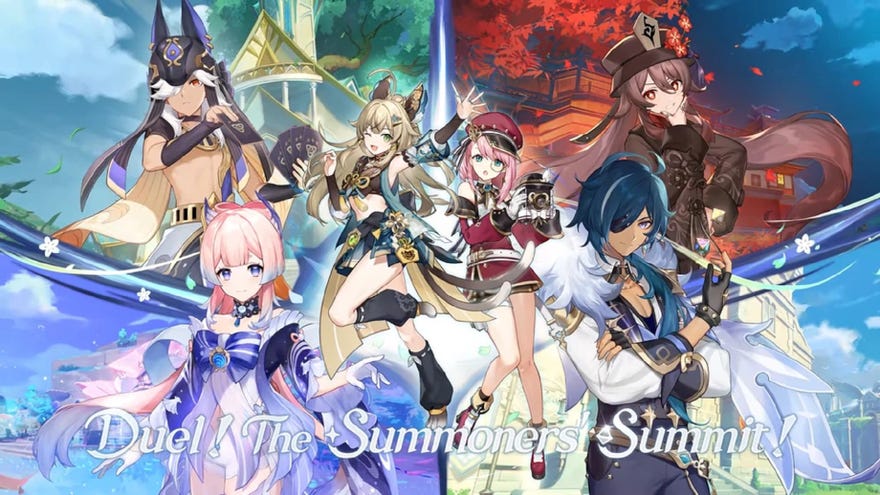 Against a backdrop of varied city scenes from around the world of Teyvat, several Genshin Impact characters are arrayed: (l-r) Cyno, Sangonomiya Kokomi, Kirara, a pink-haired girl, Kaeya, and Hu Tao.