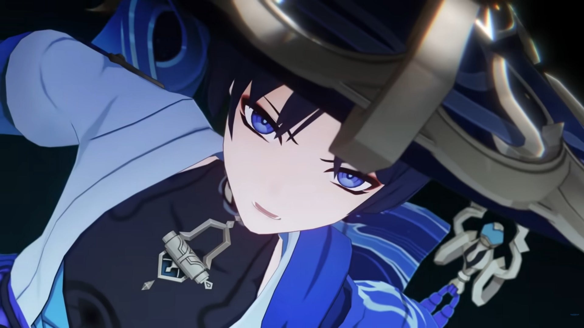 Genshin Impact Wanderer build: An anime young man with black hair and violet eyes stares ahead with a look of determination - 5