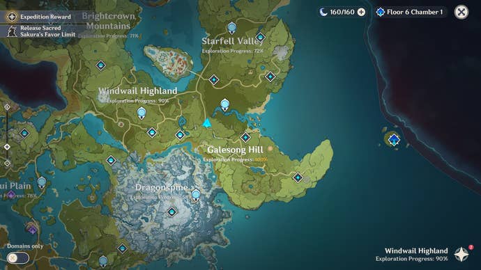 A map of Genshin Impact’s Teyvat, showing World Exploration Progress percentages.