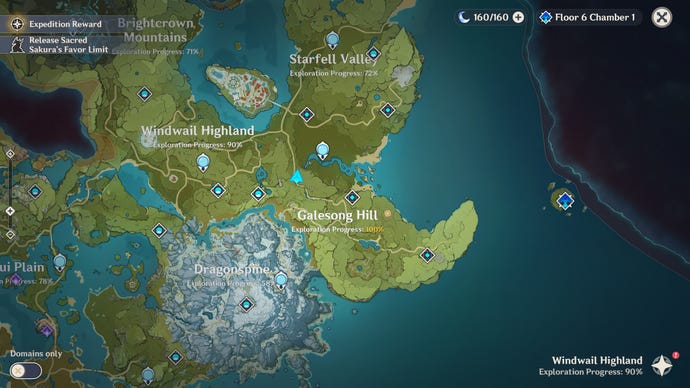A map of Genshin Impact’s Teyvat, showing World Exploration Progress percentages.