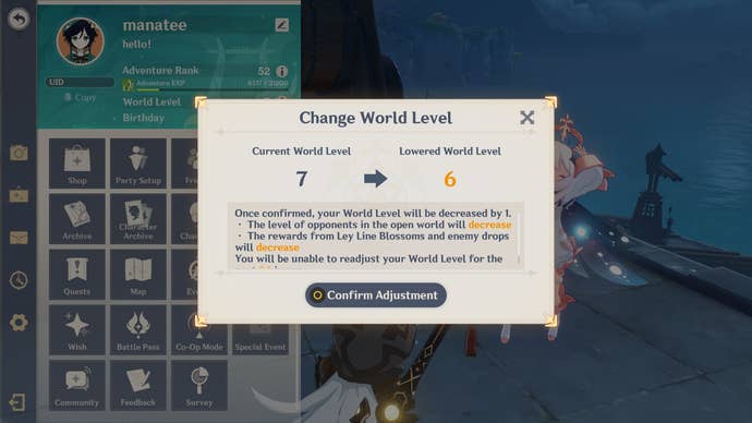 Genshin Impact’s Lower World Level menu, which allows players to lower their World Level by one level.