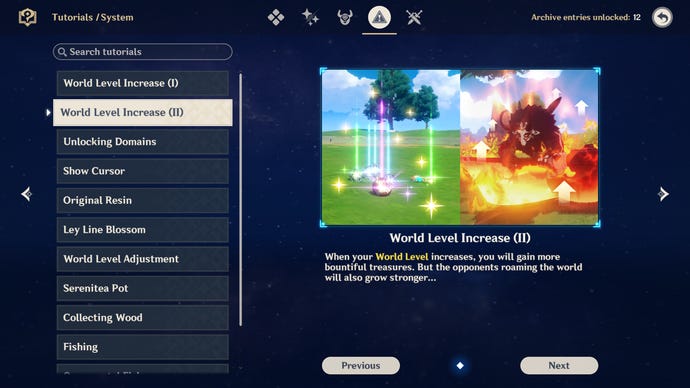 A Genshin Impact tutorial screen about higher World Levels.
