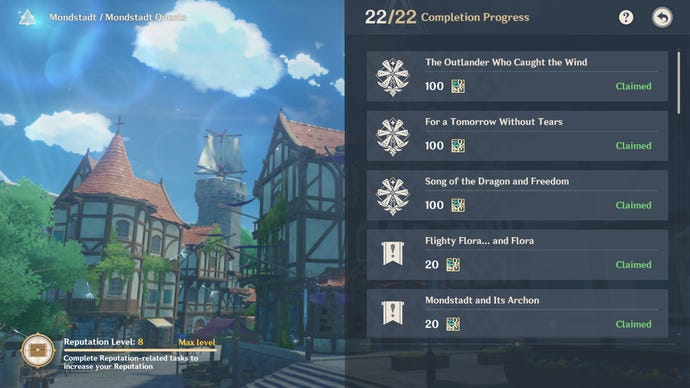 Genshin Impact’s Mondstadt World Quest menu.