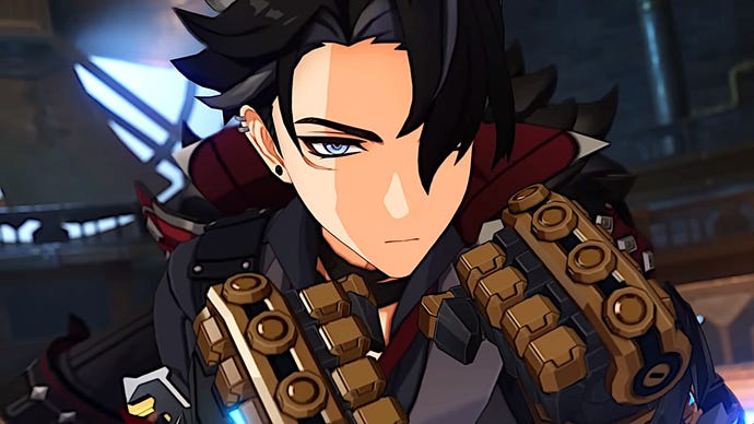Genshin Impact Wriothesley build: An anime man with short dark hair and intense ice-grey eyes is staring ahead with his fists, clad in golden gauntlets, clenched