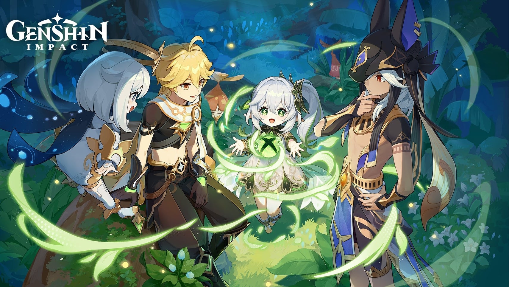 Paimon, Aether, Nahida, and Cyno admire the glowing Xbox logo that Nahida holds in her hands. - 1