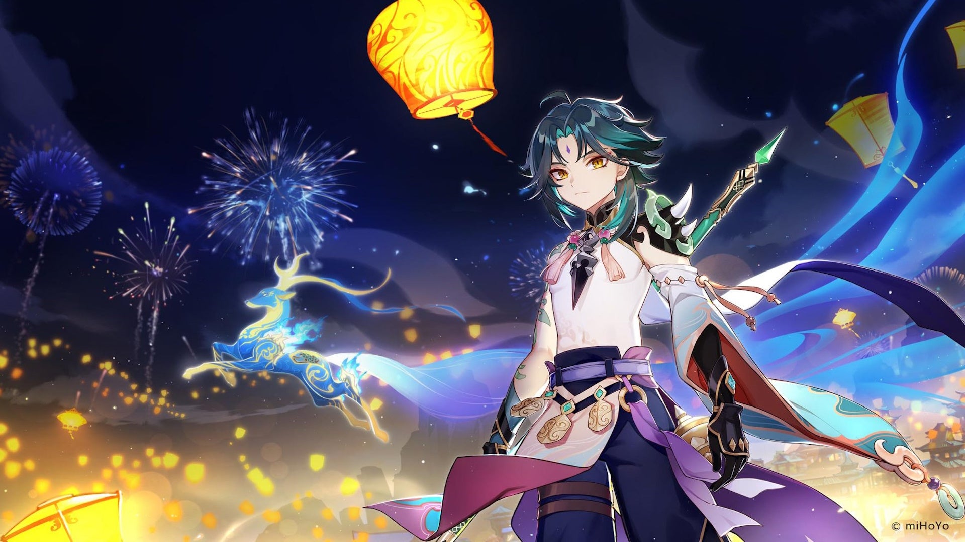 Genshin Impact Xiao materials: Genshin's Xiao, wearing his ceremonial outfit and standing under a brightly lit night sky. A single paper lantern drifts overhead - 4