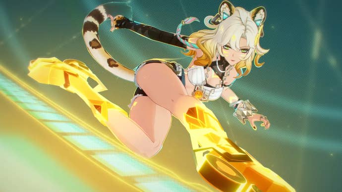 Xilonen in Genshin Impact performing a side skating leap on roller skates