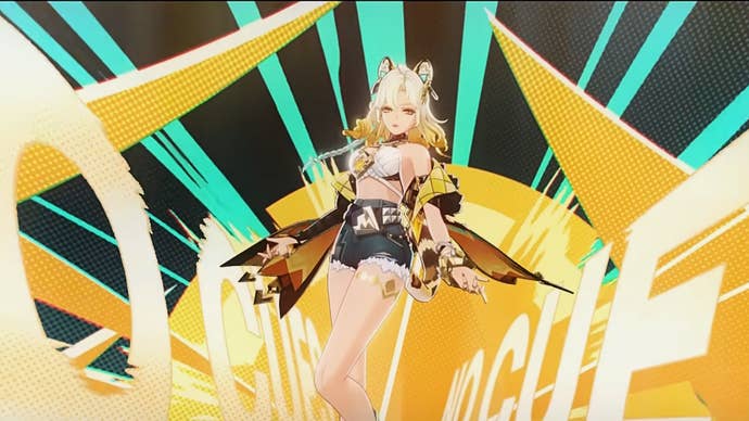 Xilonen in Genshin Impact standing next to stylized letters