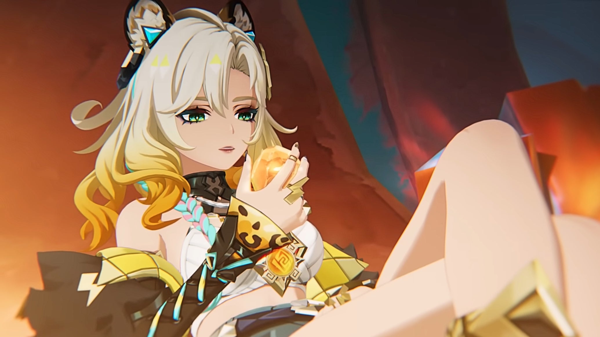 Xilonen in Genshin Impact, reclining and examining a polished gemstone - 1