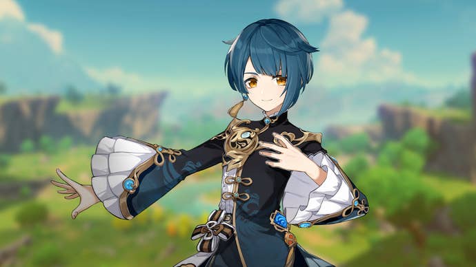 Promotional art of the character Xingqiu from Genshin Impact.