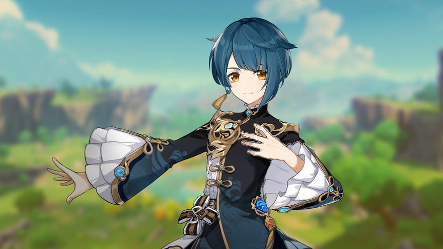 Promotional art of the character Xingqiu from Genshin Impact.