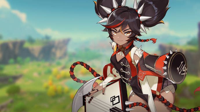 Promotional art of the character Xinyan from Genshin Impact.