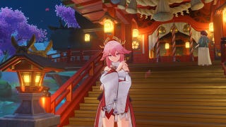 Genshin Impact Yae Miko materials: Yae Miko stands in front of a lantern-lit shrine with her chin in her hands