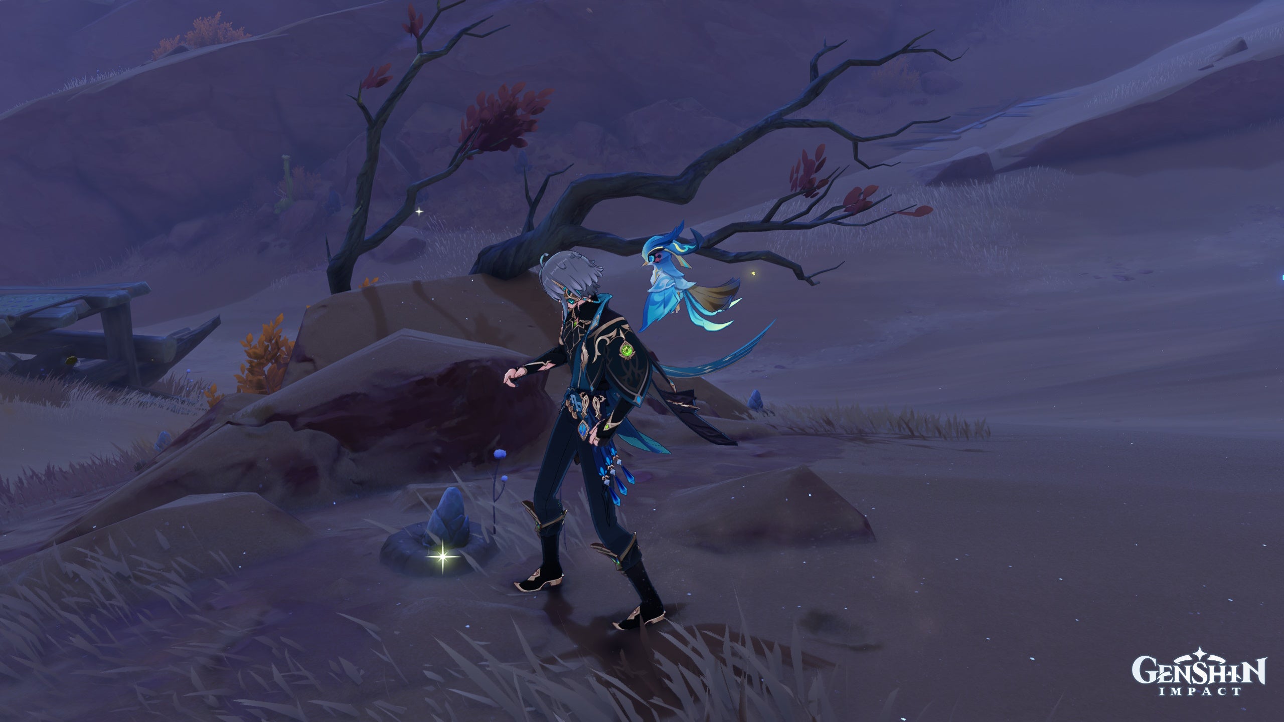 Genshin Sand Grease Pupa locations: An anime man with short silver hair, wearing a translucent black suit, is standing near a small, egg-shaped item that looks made of stone. It rests in a circle of similar items near a broken brown stone