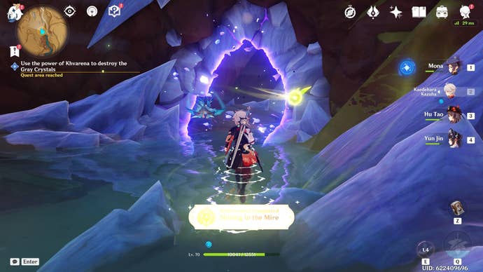 Genshin Impact power of khvarena: An anime man in brown and crimson clothing stands in a small stream, surrounded by glowing gray crystals. A green orb of energy floats above his right shoulder