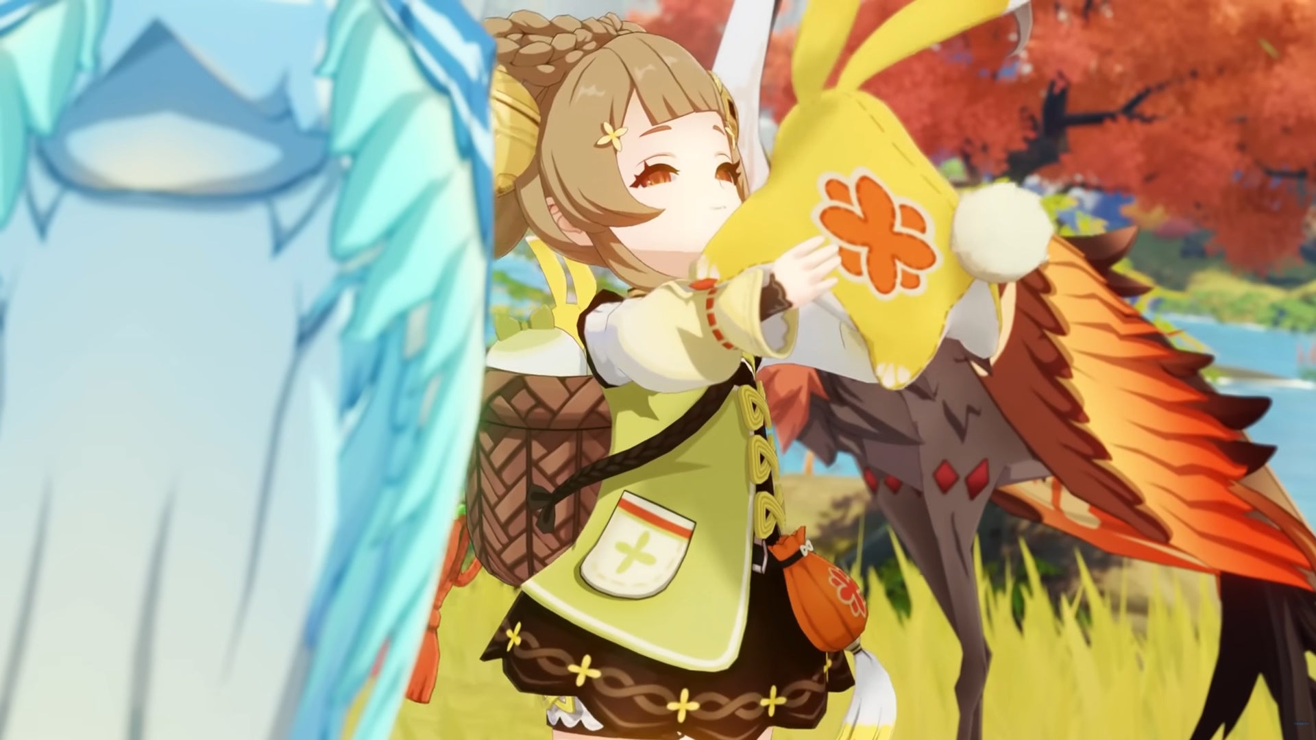 Genshin Impact Yaoyao build: An anime girl with a light green vest and brown hair in pigtails is holding a plush rabbit while standing near a large blue heron - 4