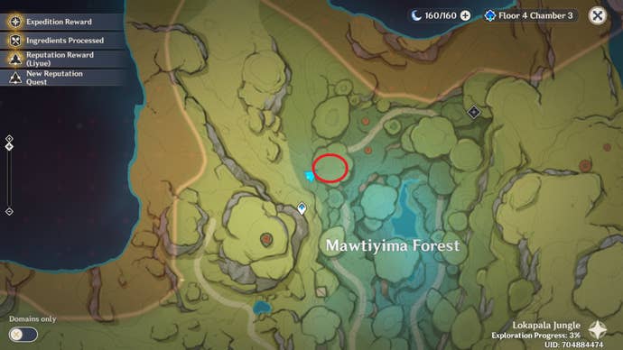 Great fishing spot circled on the map in Genshin Impact version 3.0