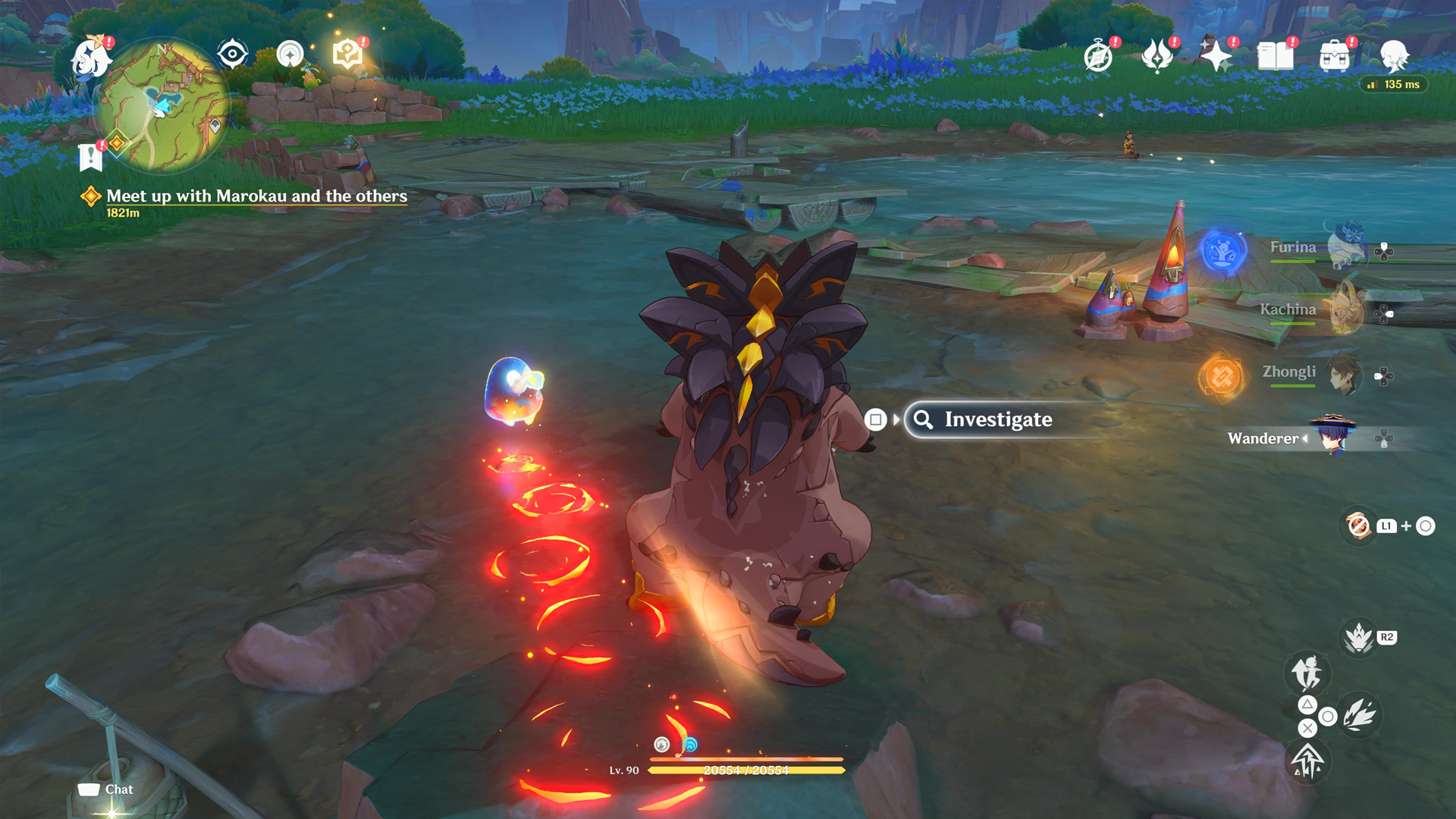 Genshin Impact screenshot showing a Tepetlisaurus investigating a point of interest