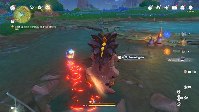 Genshin Impact screenshot showing a Tepetlisaurus investigating a point of interest