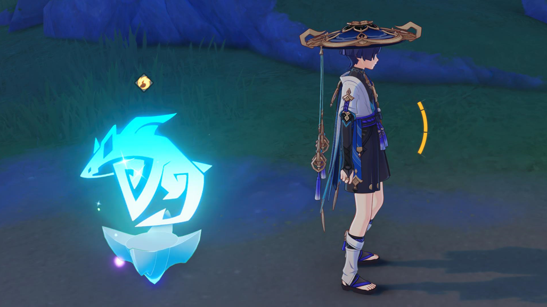 Genshin Impact screenshot showing a saurian totem beside a character