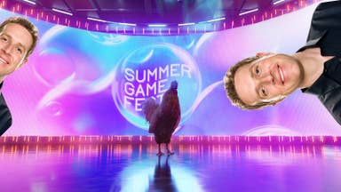 Summer Game Fest promo art. A stage lit in bright pink and purple, with the Summer Game Fest logo in a bubble in its centre. But around it is the face of Geoff Keighley overlaid at jaunty angles. Oh, and there's a rooster in the middle of the stage. Has Keighley been polymorphed?