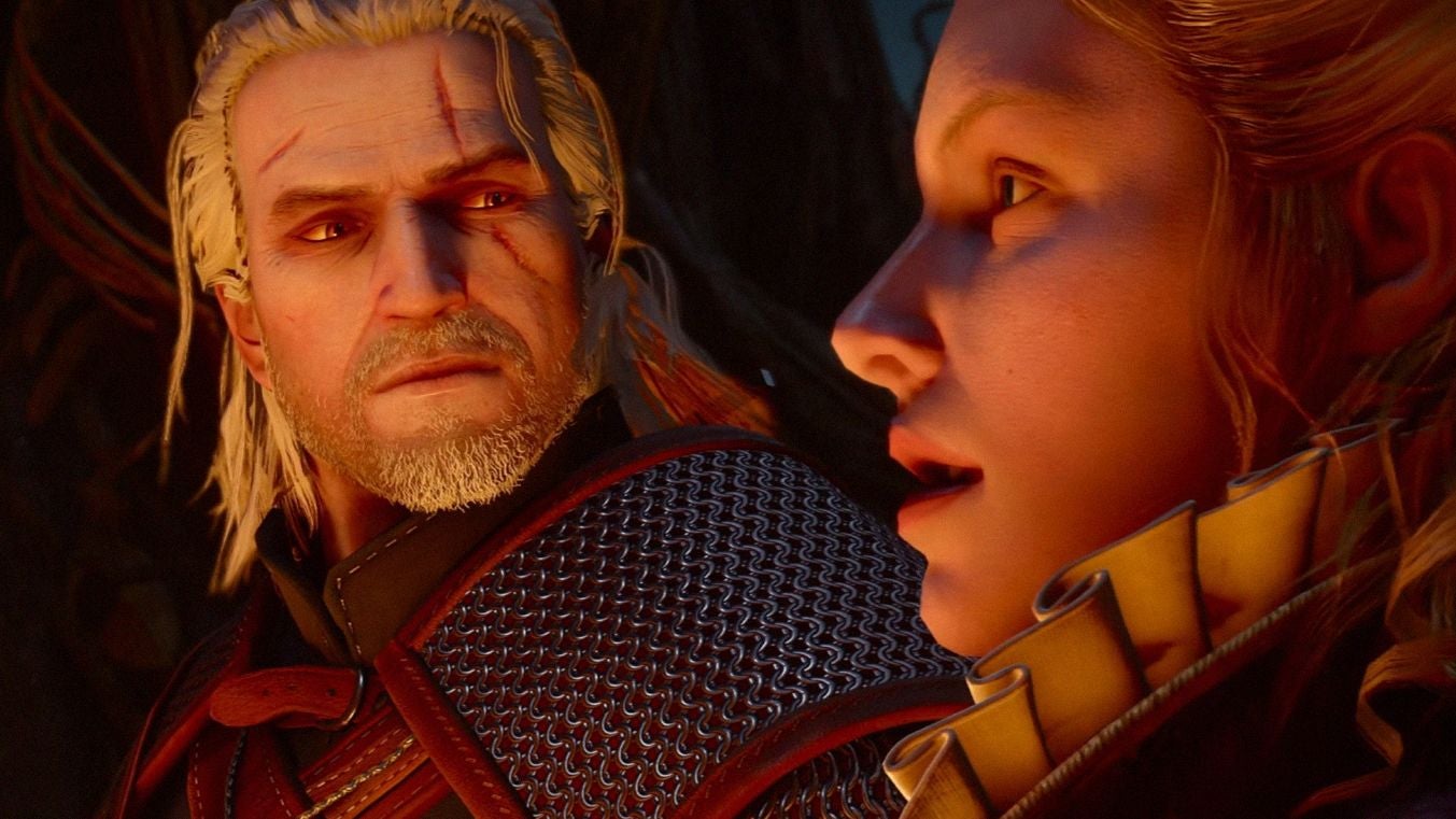 A white-haired male warrior with a scar over his eye turns towards a woman with a ruffed colour. They are both lit by lantern light.