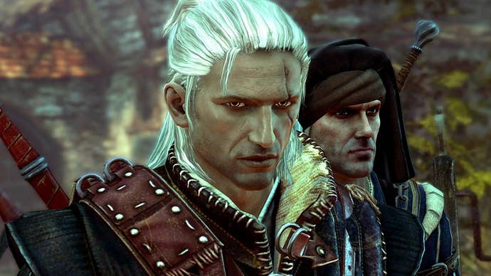 A cleanly-shaven white-haired man stands scowling at the camera. He's clad in slightly furred leather armour and is equipped with two swords on his back. He has cat-like yellow eyes. It's Geralt of bloody Rivia.