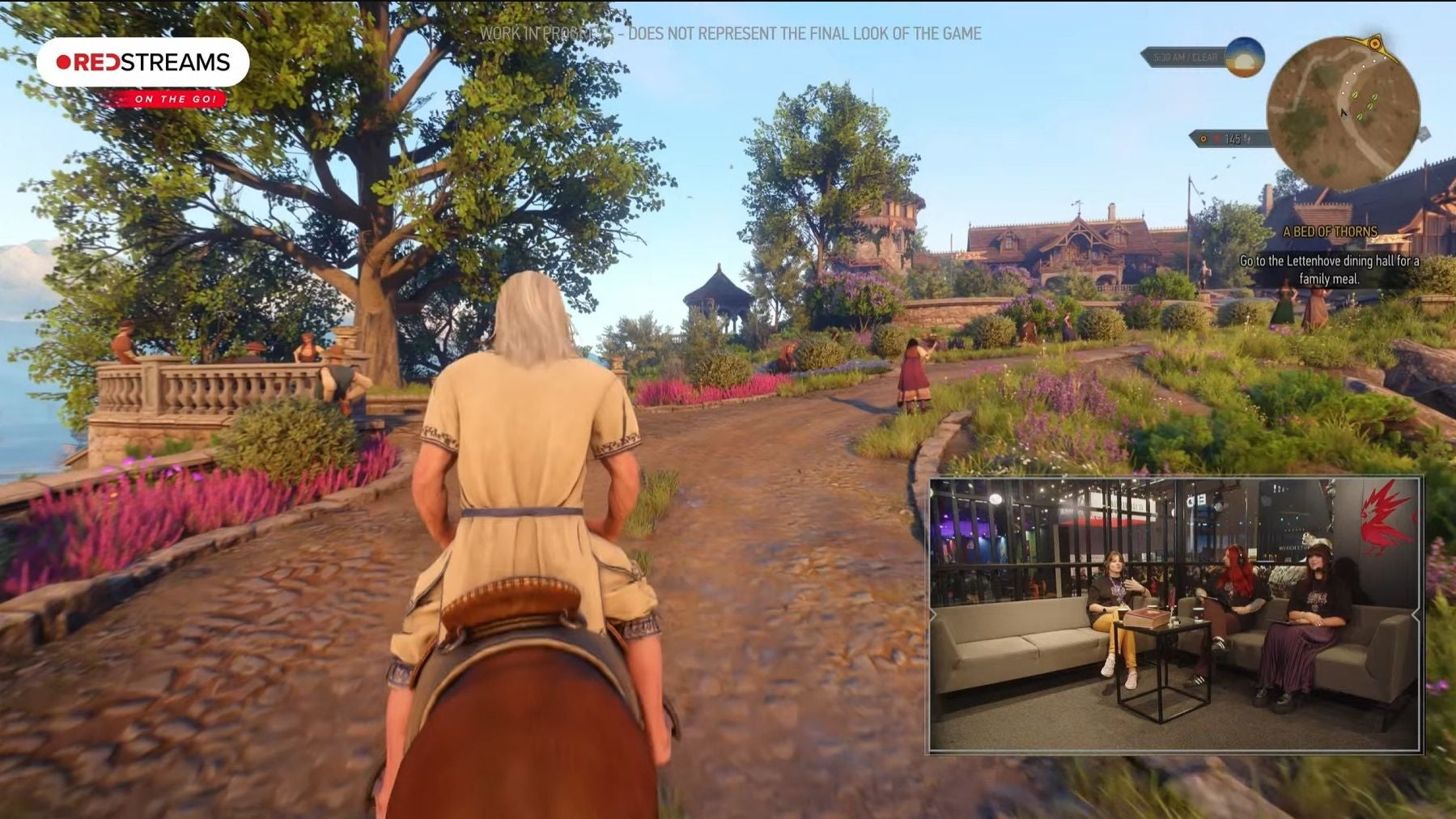 A white haired man rides on a horse in a verdant countryside setting.