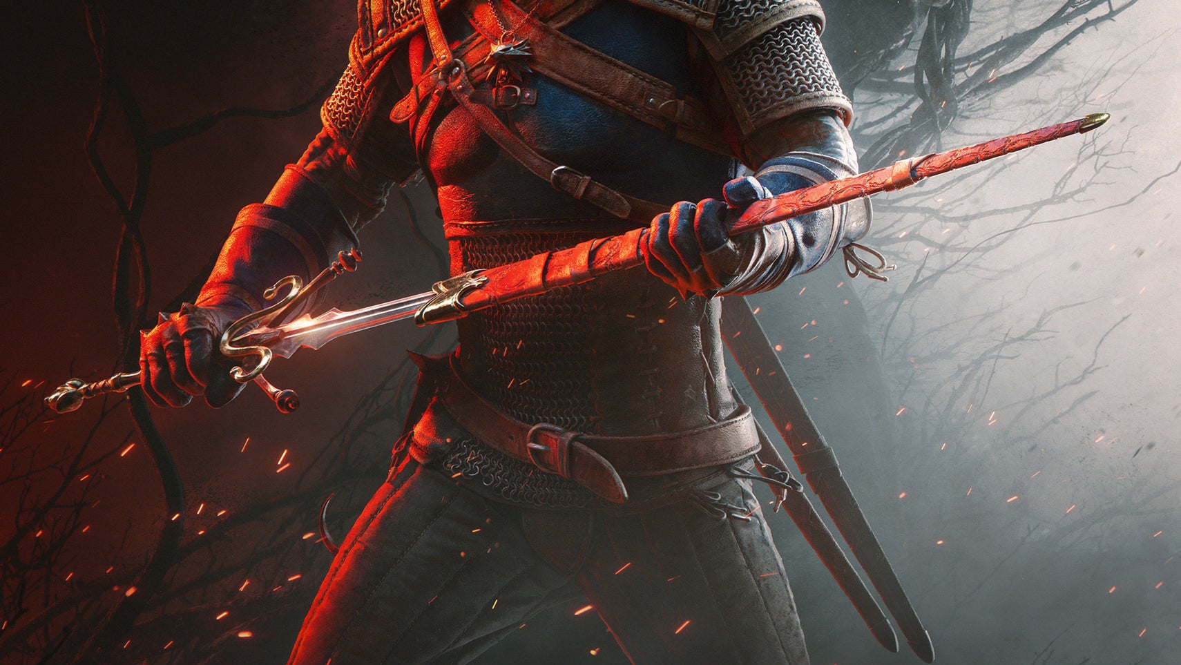 A close up of Witcher hero Geralt drawing a sword from its sheath. The sword has an ornate red scabbard and a notched blade and elaborate crossguard.