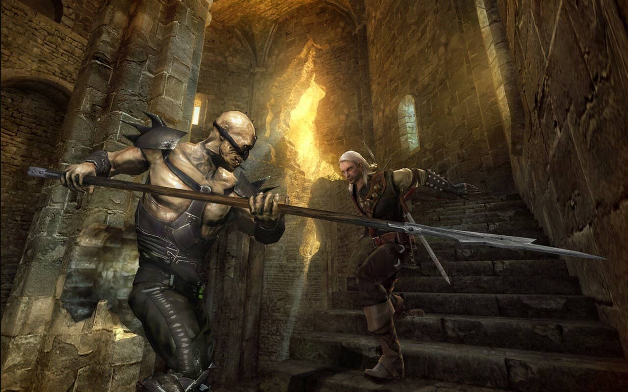 Two characters fight on the stairs of a palace. One is a twisted man in which we look like slavery, and the other is a white -haired man in the leather armor. This is Jerrent. She is a car.