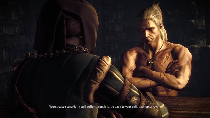 A topless man with a scarred body and white ponytailed hair sits with arms folded, facing a hooded figure across a wooden table. It's Geralt of Rivia in The Witcher 2.
