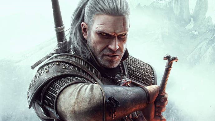Geralt of Rivia, glowering at the camera, hand on the hilt of a sword. It’s the game’s cover art.
