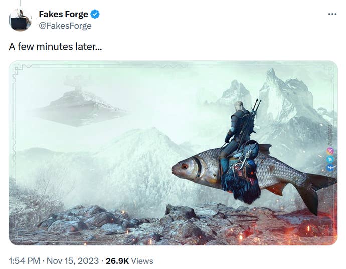 A Twitter/X post showing a modified image of The Witcher 3 protagonist Geralt riding a fish towards some snowy mountains
