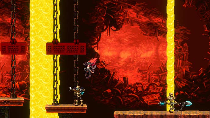 Gestalt’s red-haired protag leaps between platforms, each with a robot enemy, in a 2D 16-bit art style.