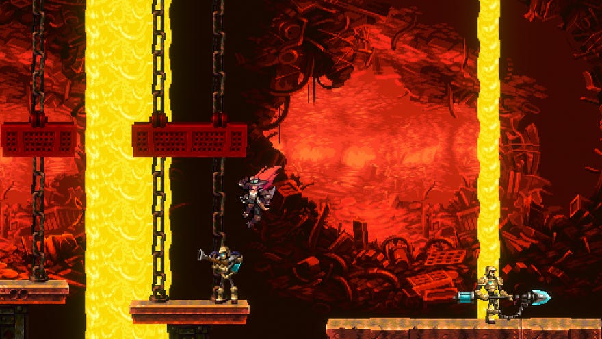 Gestalt's red-haired protag leaps between platforms, each with a robot enemy, in a 2D 16-bit art style.